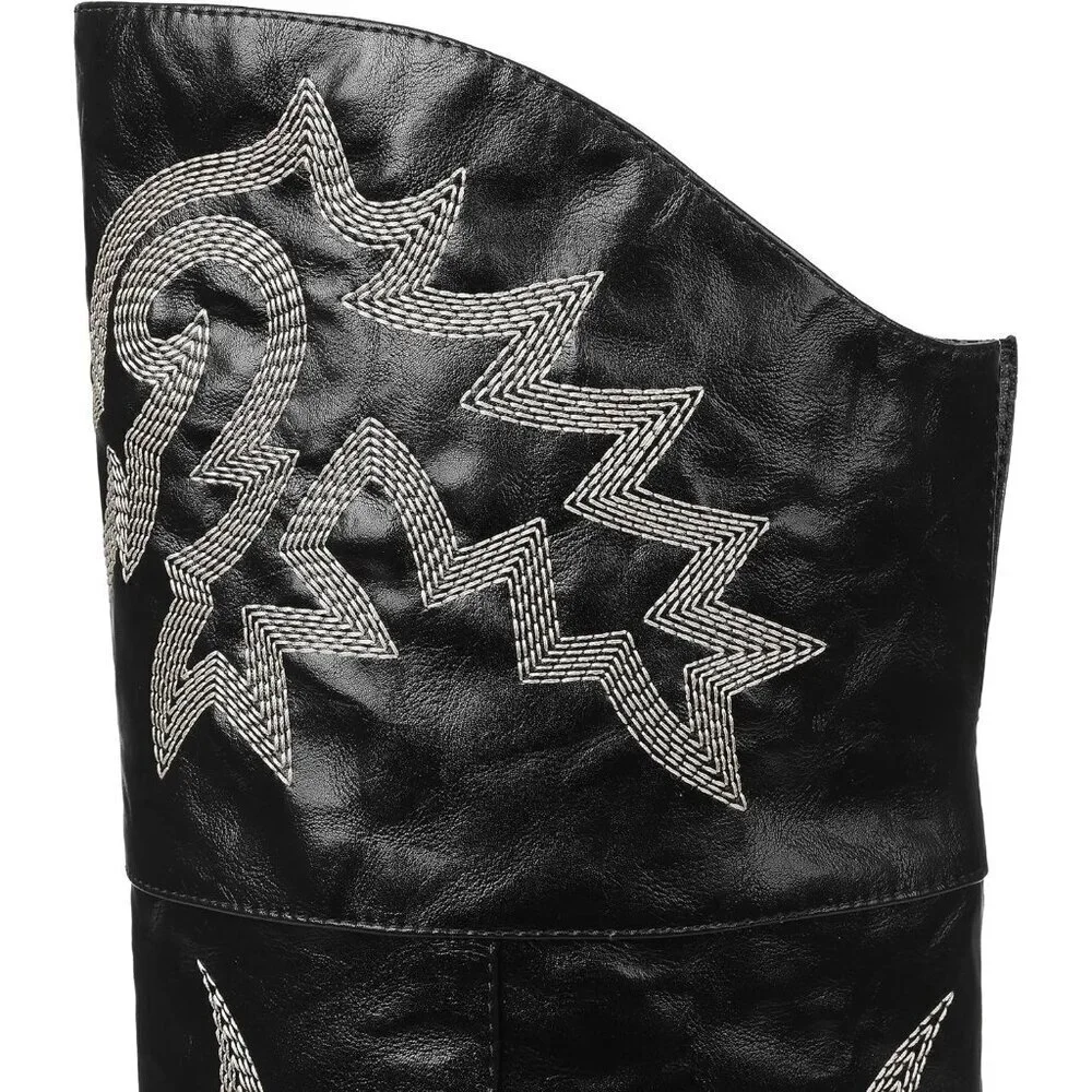Women Black Pu Polyurethane Thigh High Embroidered Pointed Toe Chunky Heels Boot